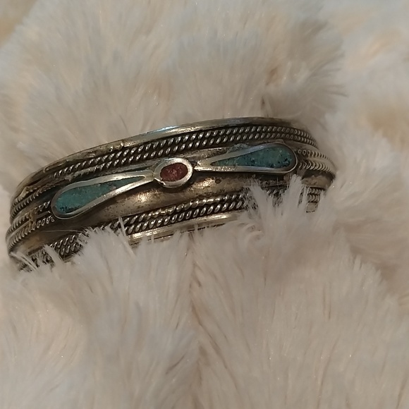 Vintage Turquoise & Coral Sterling Silver Bracelet - Picture 3 of 6